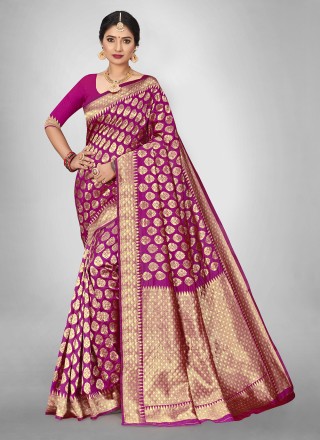 Weaving Hot Pink Jacquard Silk Silk Saree