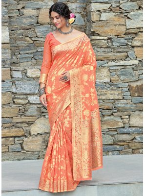 Weaving Linen Peach Traditional Designer Saree