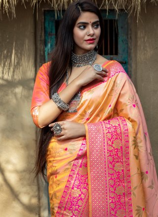 Weaving Peach and Pink Designer Traditional Saree