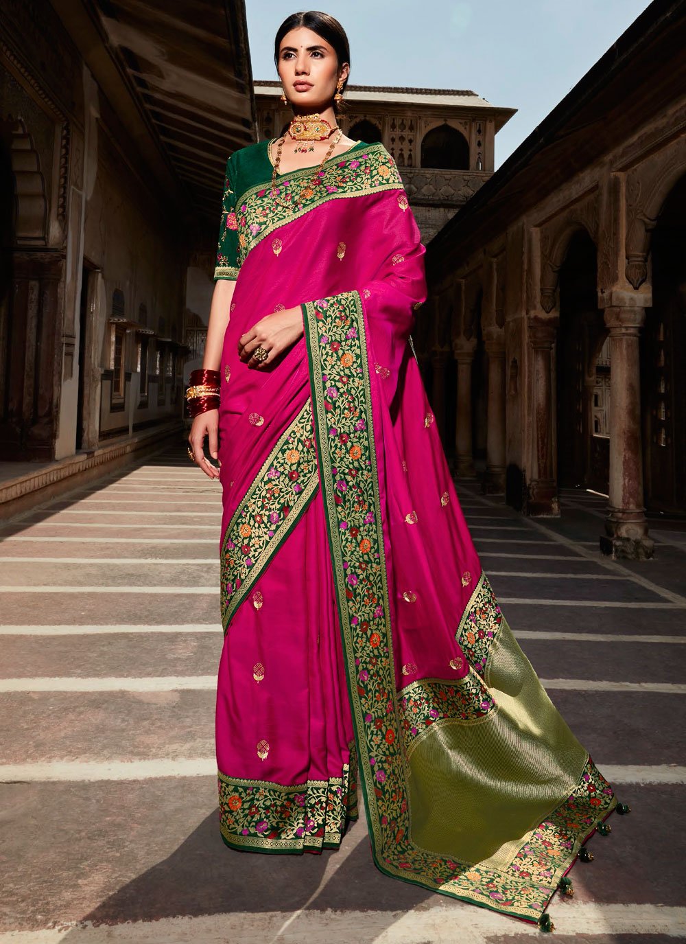 Buy Vishal Hot Pink Saree in a rich look with border of satin at Amazon.in