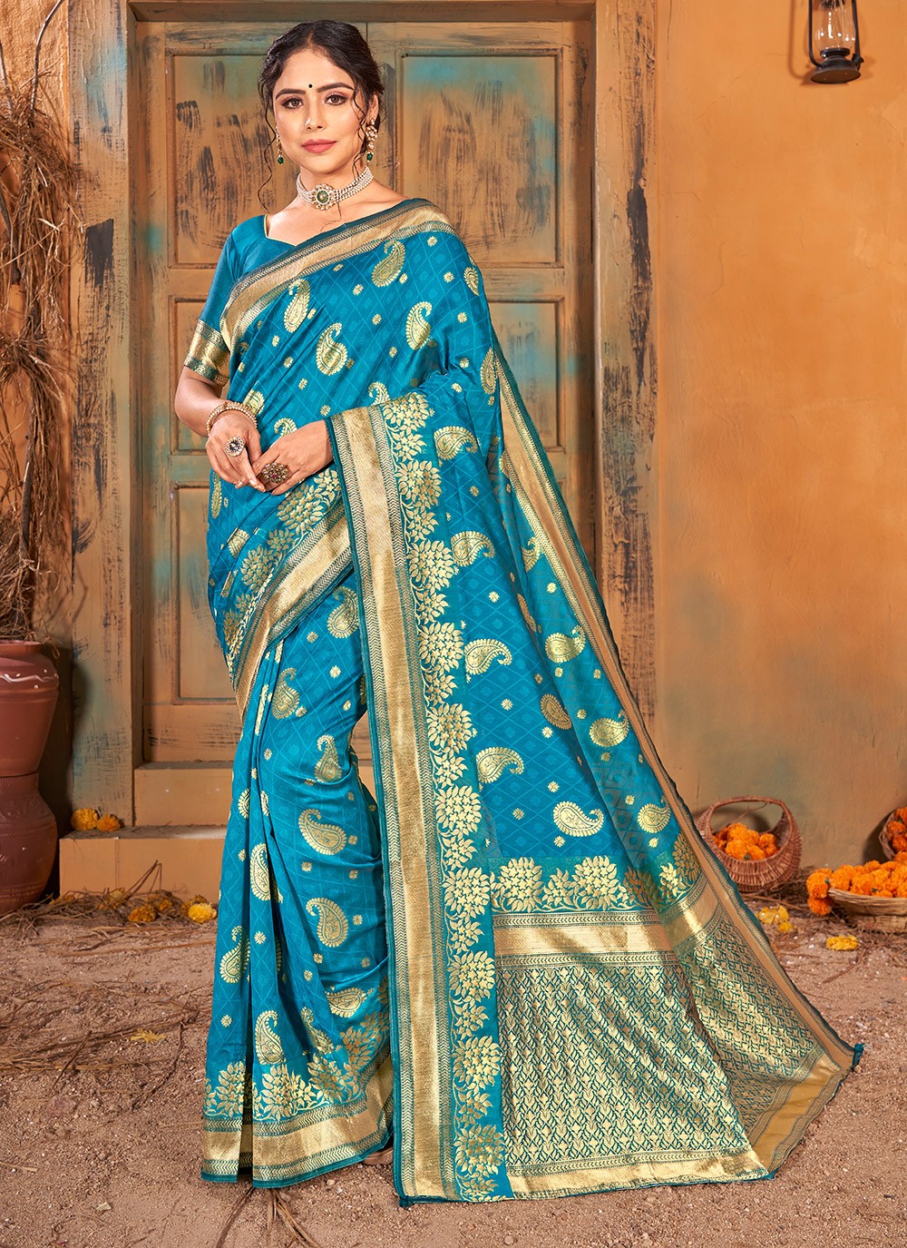 Weaving Turquoise Classic Saree