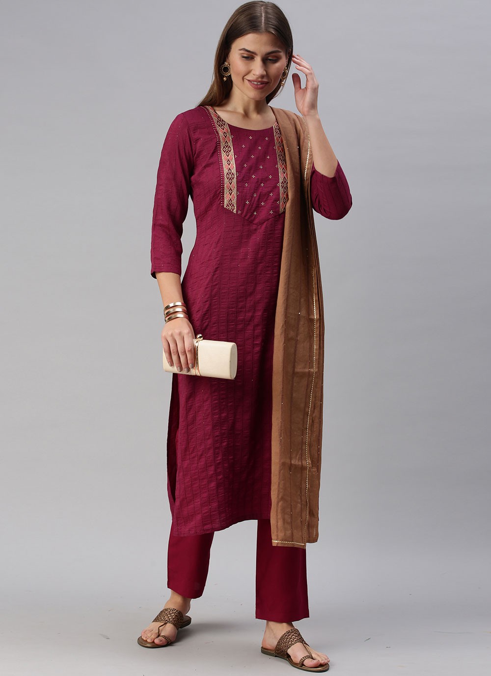 Wine Embroidered Faux Chiffon Pant Style Suit