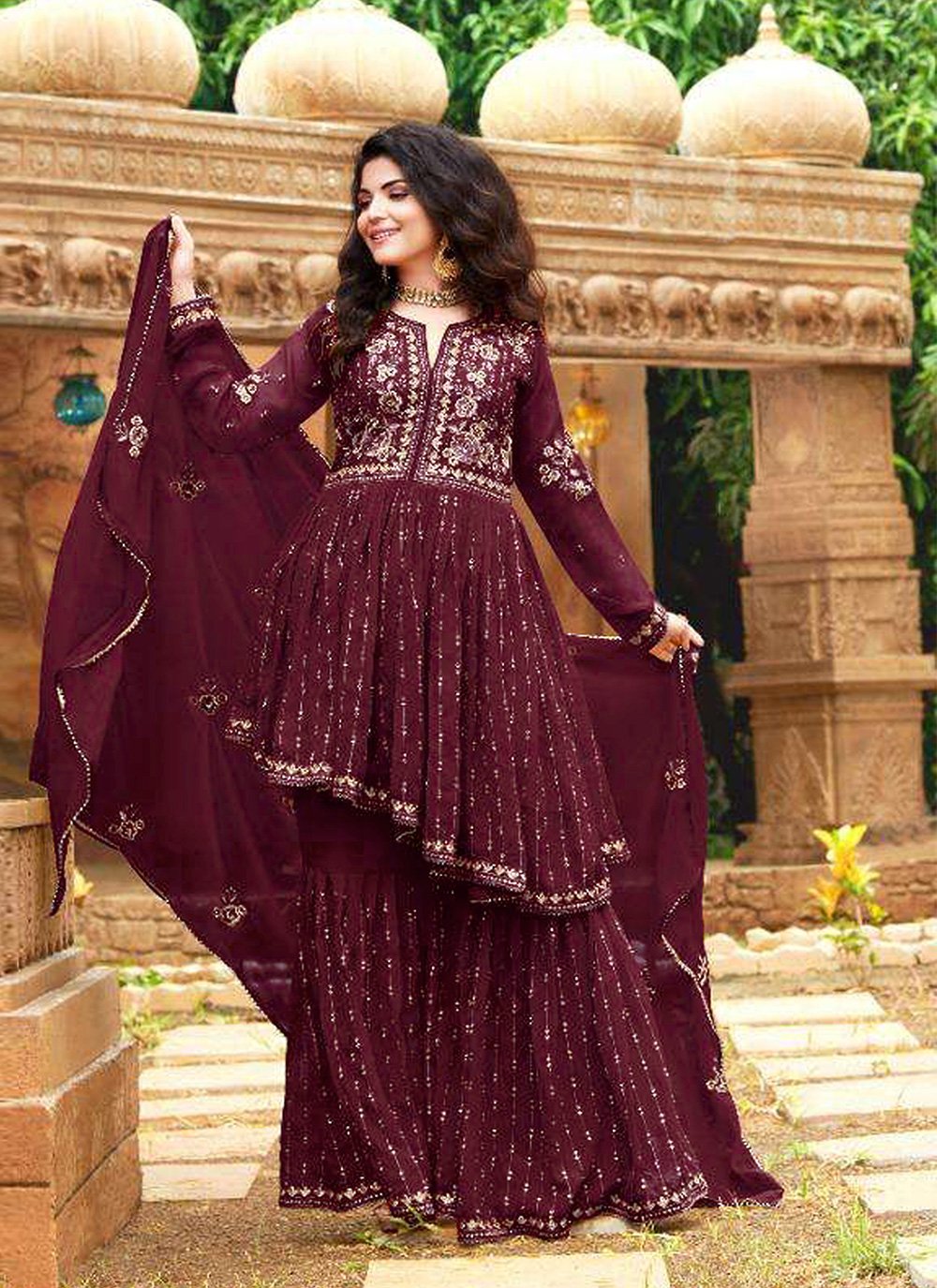 Wine Embroidered Faux Georgette Designer Palazzo Suit
