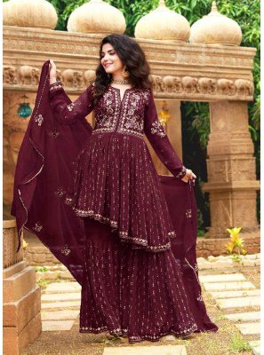 Wine Embroidered Faux Georgette Designer Palazzo Suit