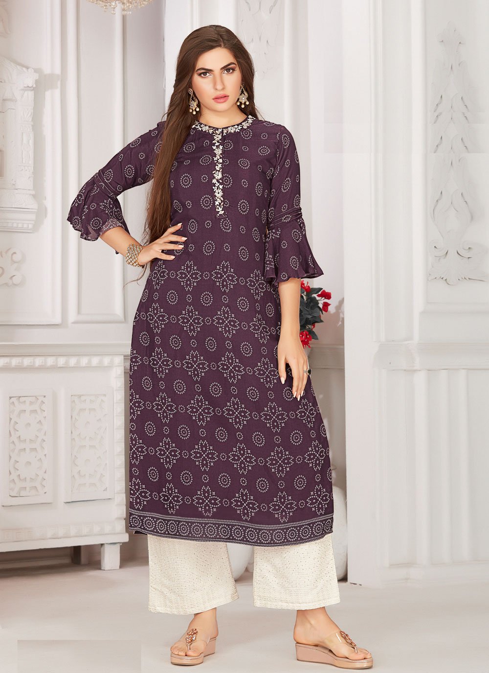 Wine Embroidered Party Wear Kurti