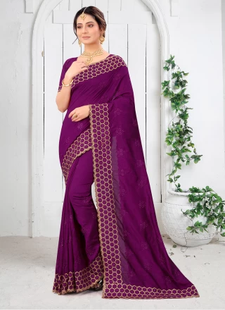 Wine Embroidered Vichitra Silk Silk Saree