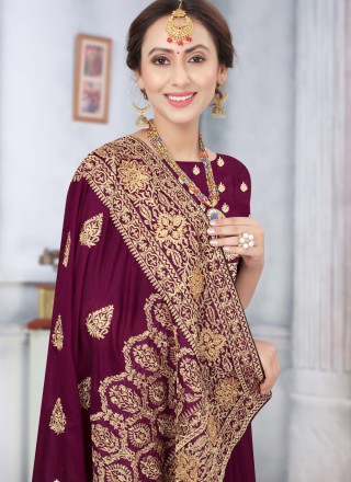 Wine Silk Embroidered Traditional Saree