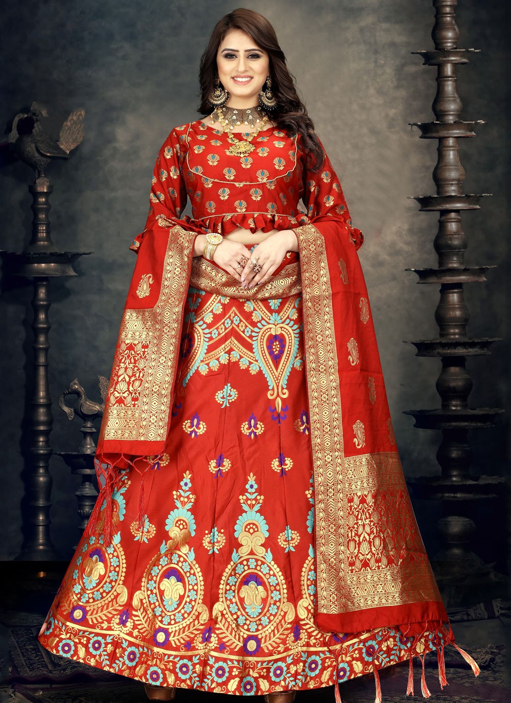Woven Art Banarasi Silk Lehenga Choli in Red