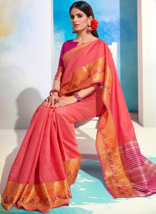 Woven Cotton Designer Saree in Pink