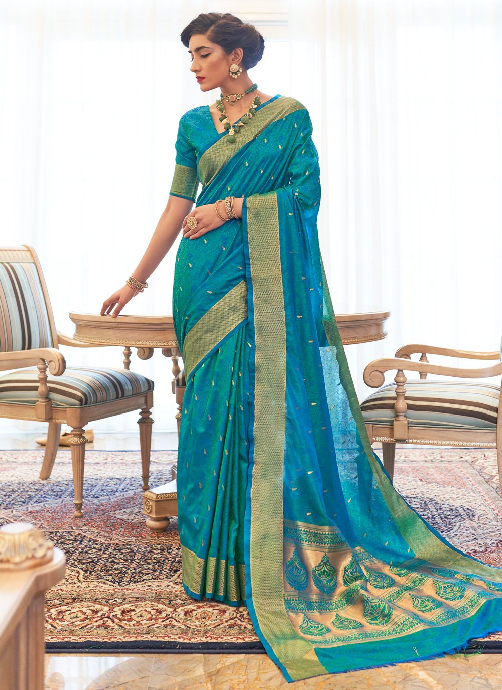 Woven Kanjivaram Silk Blue Traditional Designer Saree