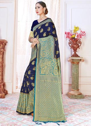 Woven Navy Blue Art Banarasi Silk Designer Traditional Saree