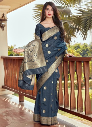 Woven Navy Blue Silk Traditional Designer Saree