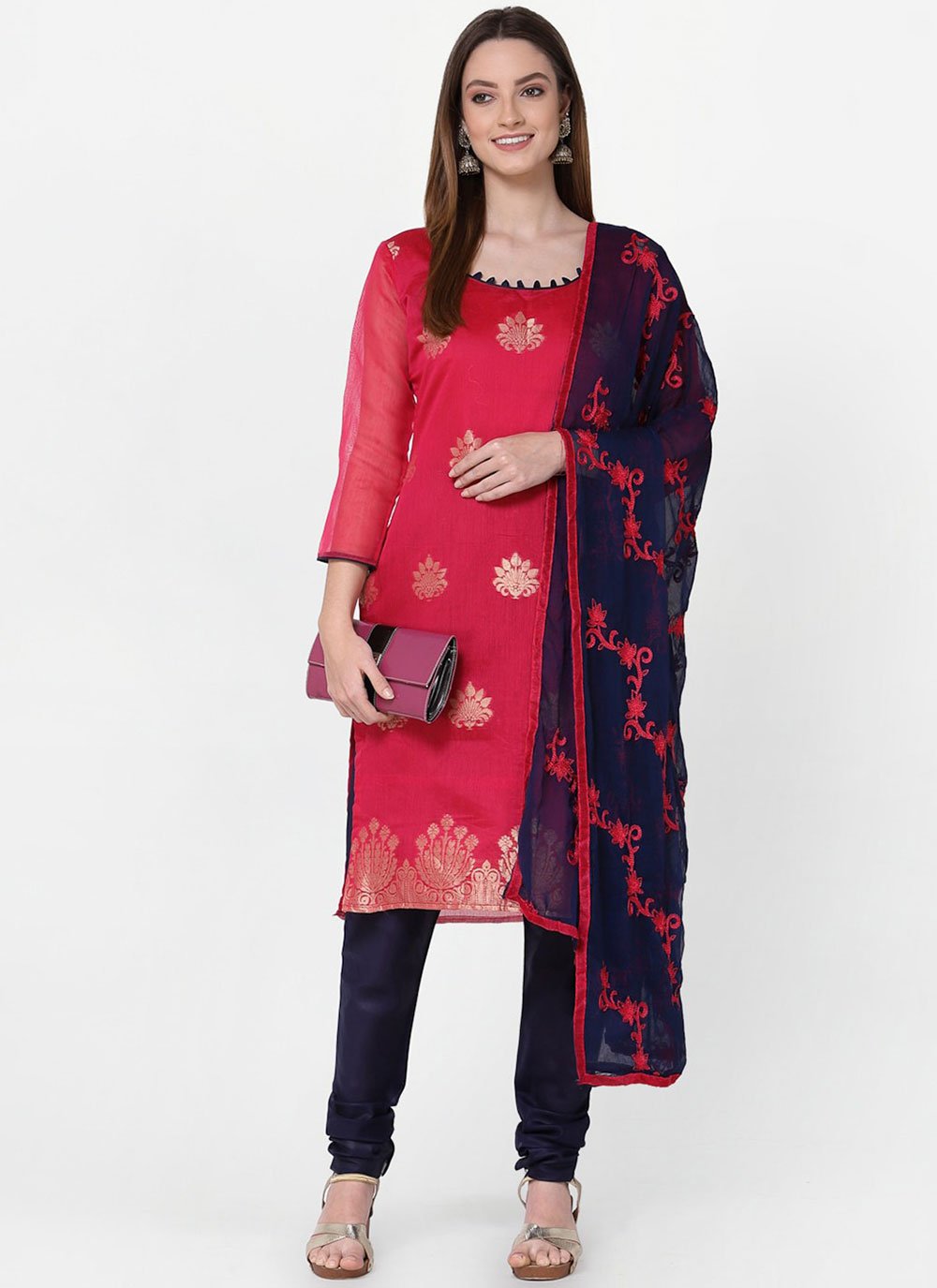 Woven Red Banarasi Jacquard Churidar Salwar Suit