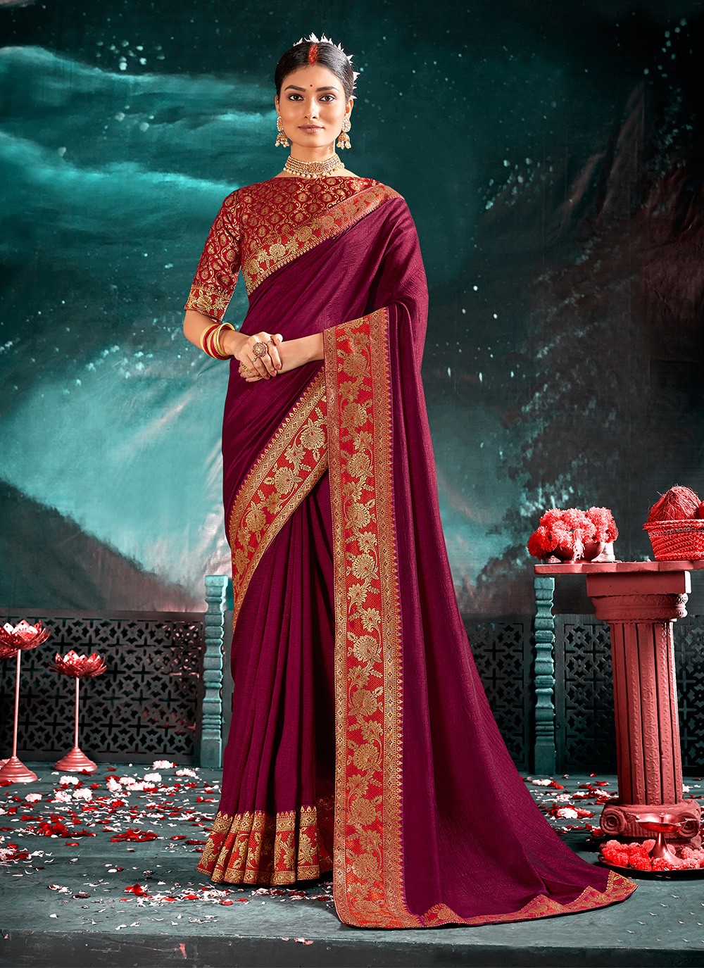Woven Wine Traditional Saree