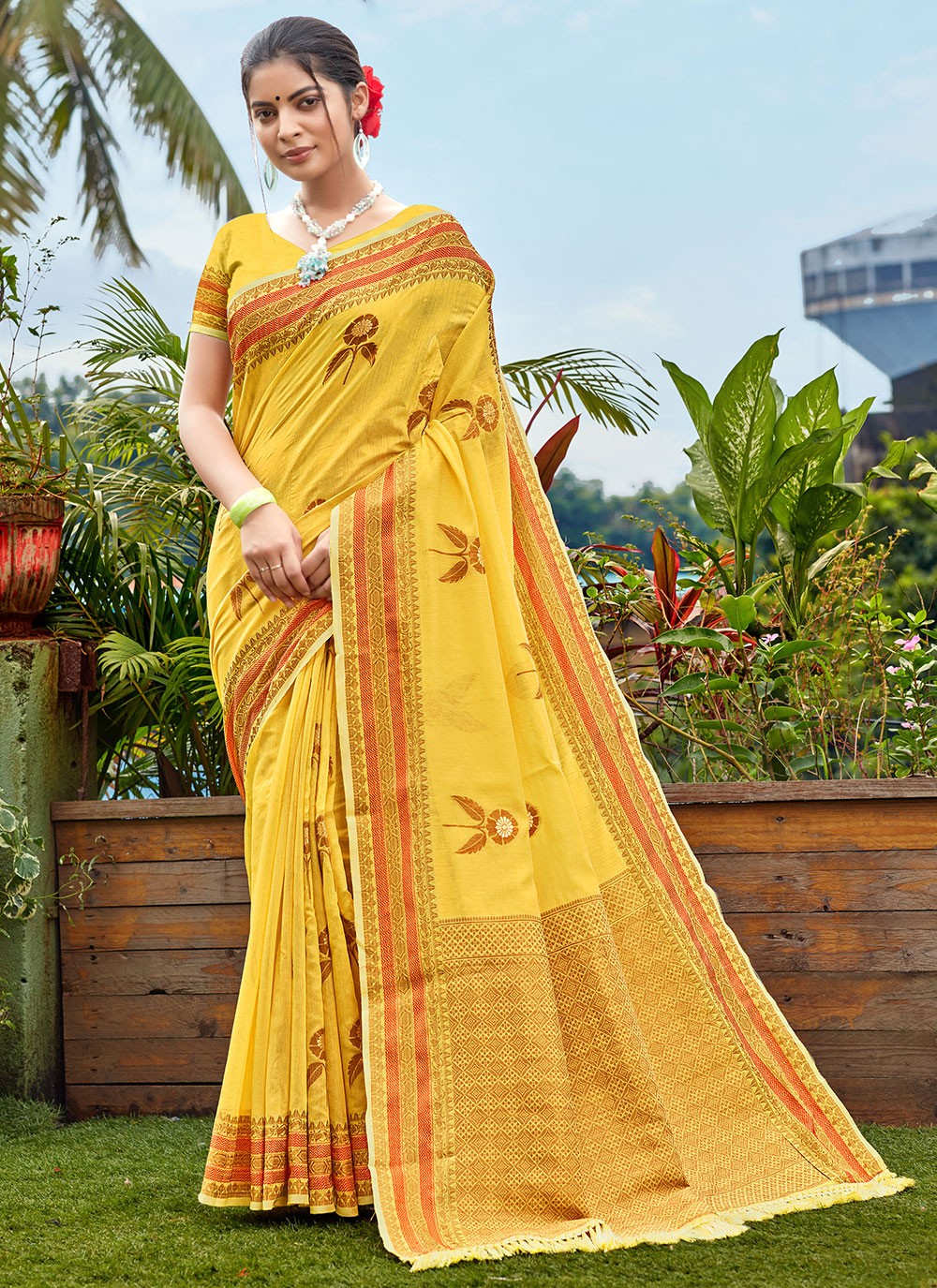 Yellow Banarasi Silk Embroidered Traditional Saree