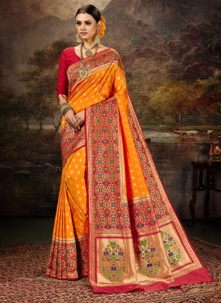 Yellow Banarasi Silk Mehndi Silk Saree