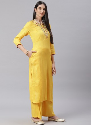 Yellow Blended Cotton Embroidered Designer Straight Suit