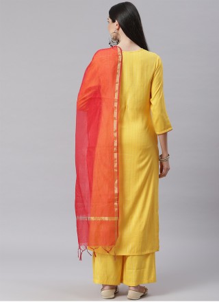 Yellow Blended Cotton Embroidered Designer Straight Suit