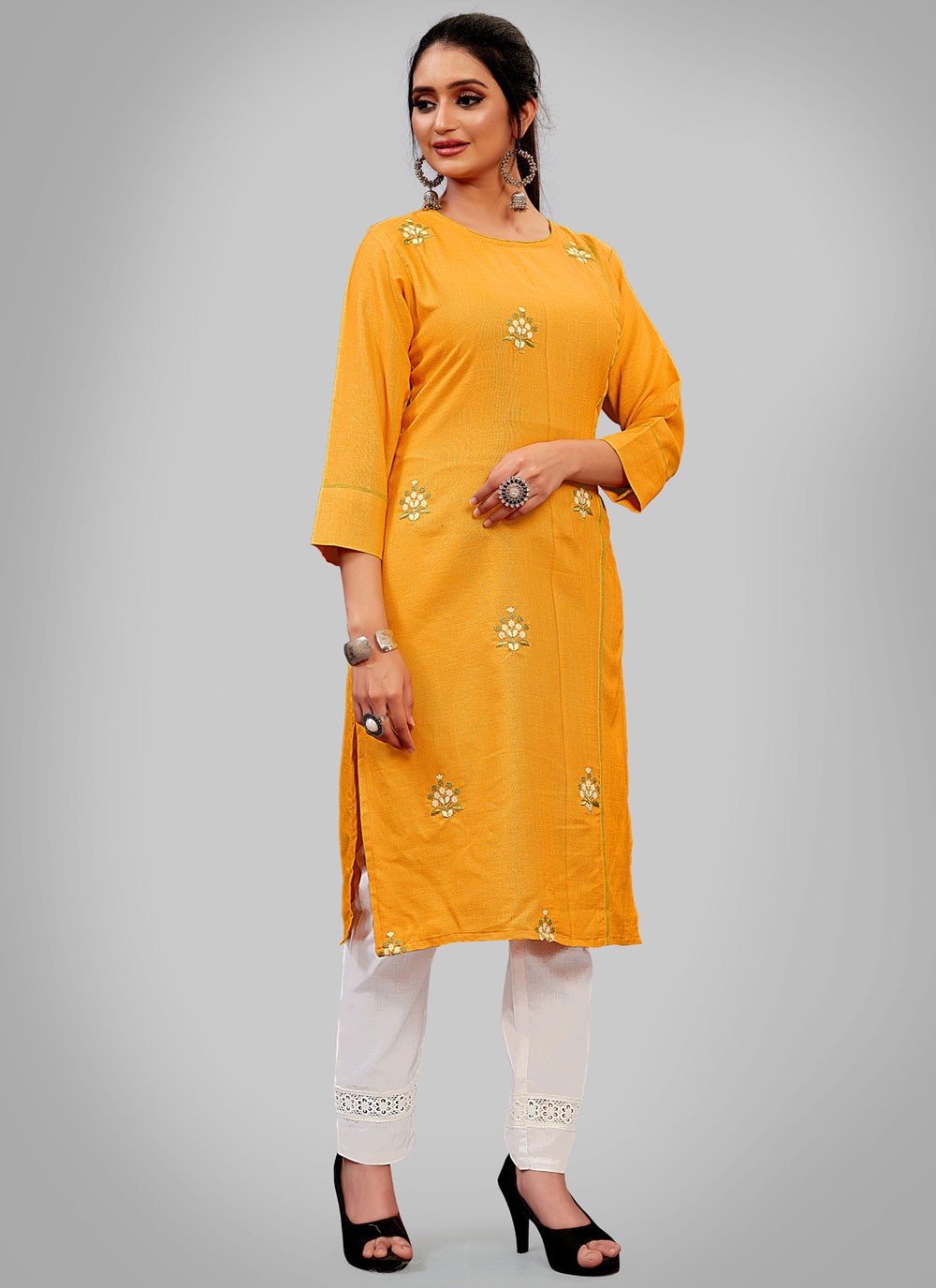 Yellow Blended Cotton Festival Party Wear Kurti