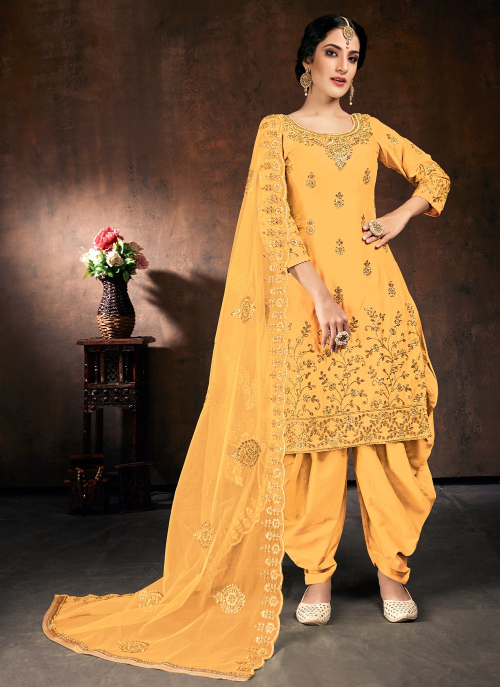 Buy Yellow Cotton Festival Designer Patiala Suit Online -