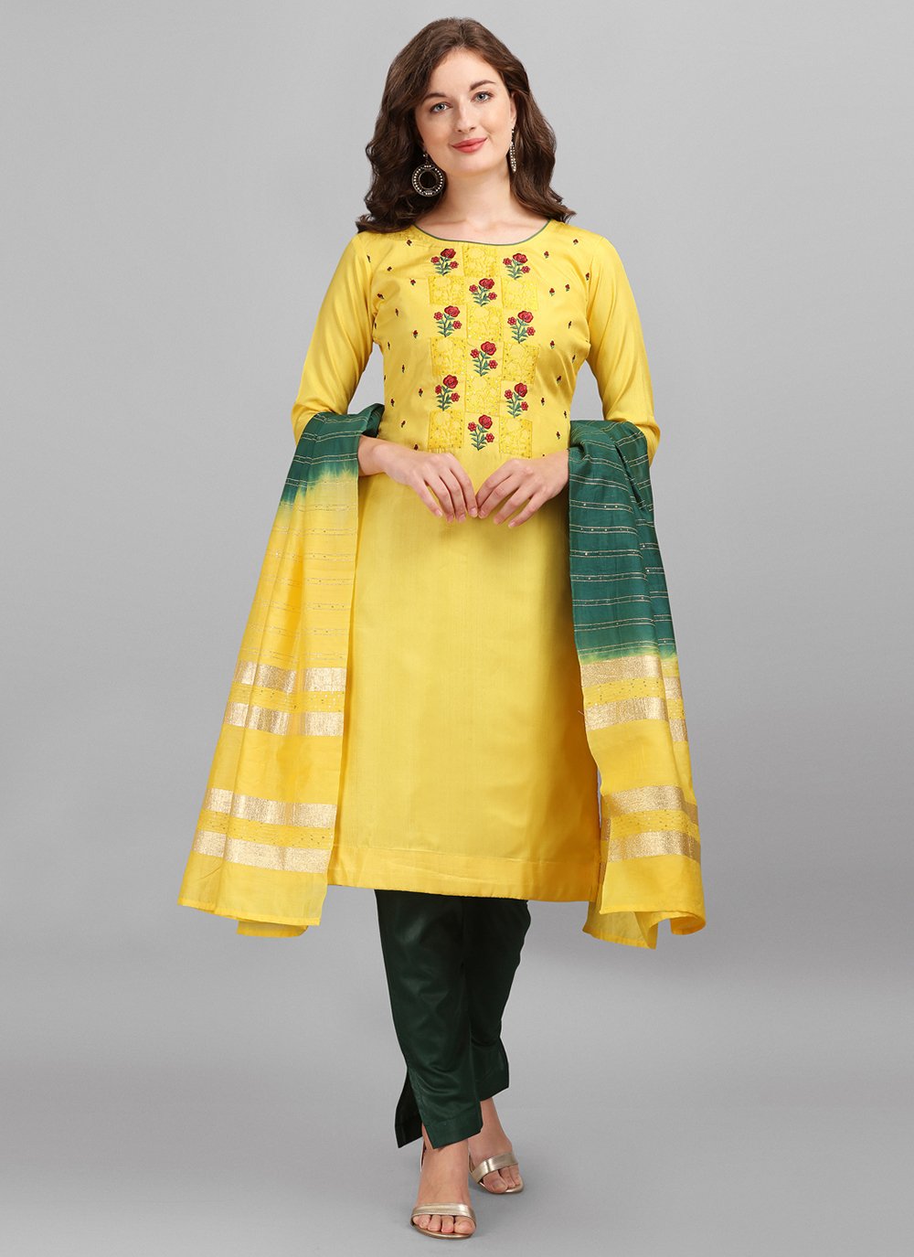 Enticing Zardozi Embroidered Yellow Dress With Shaded Dupatta (JP-11A/ –  Anju Modi