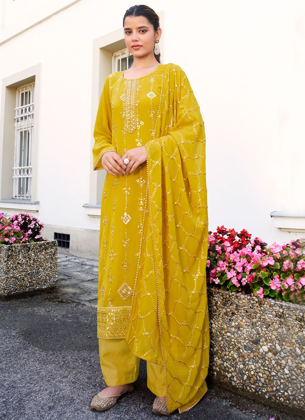 Yellow Embroidered Faux Georgette Designer Pakistani Suit
