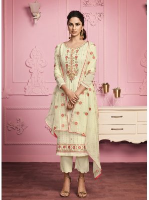 Yellow Embroidered Faux Georgette Pant Style Suit