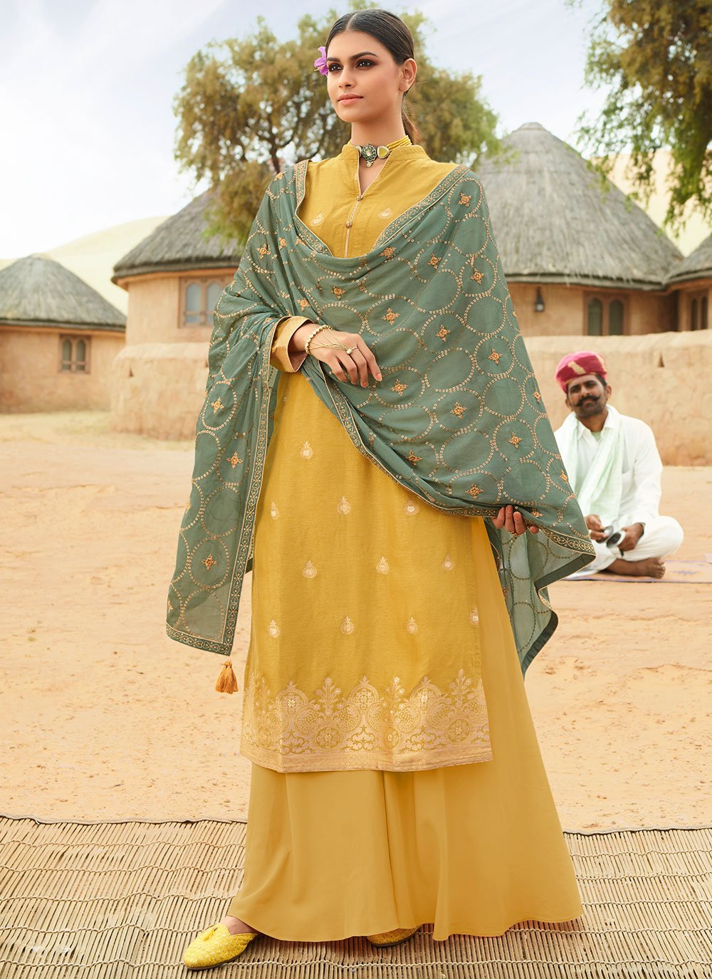 Yellow New Fancy Plazo Dress Latest Yellow Party Wear Palazzo Suit