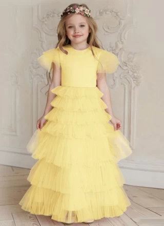 Yellow Fancy Work Designer Gown for Girl