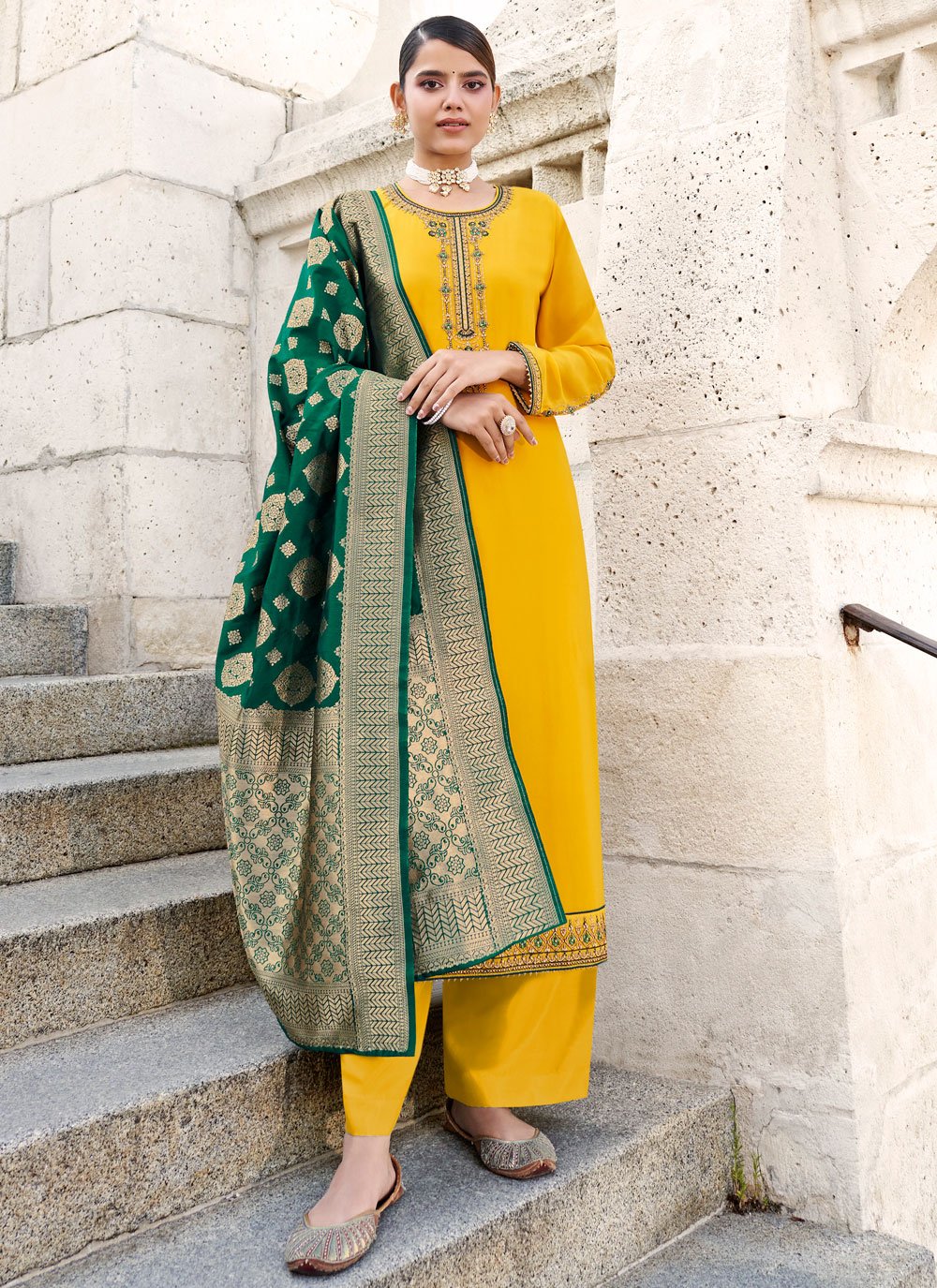Yellow Faux Georgette Designer Straight Suit