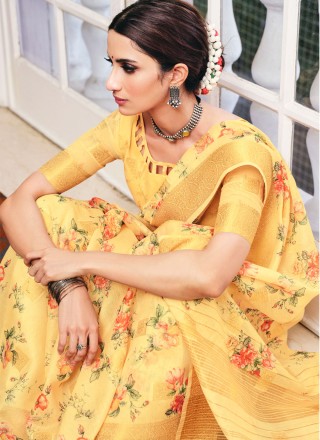 Yellow Festival Linen Printed Saree