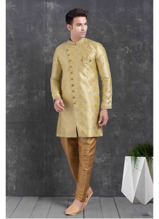 Yellow Jacquard Silk Print Indo Western