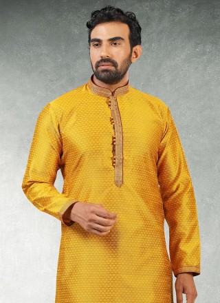 Yellow Jacquard Silk Reception Kurta Pyjama