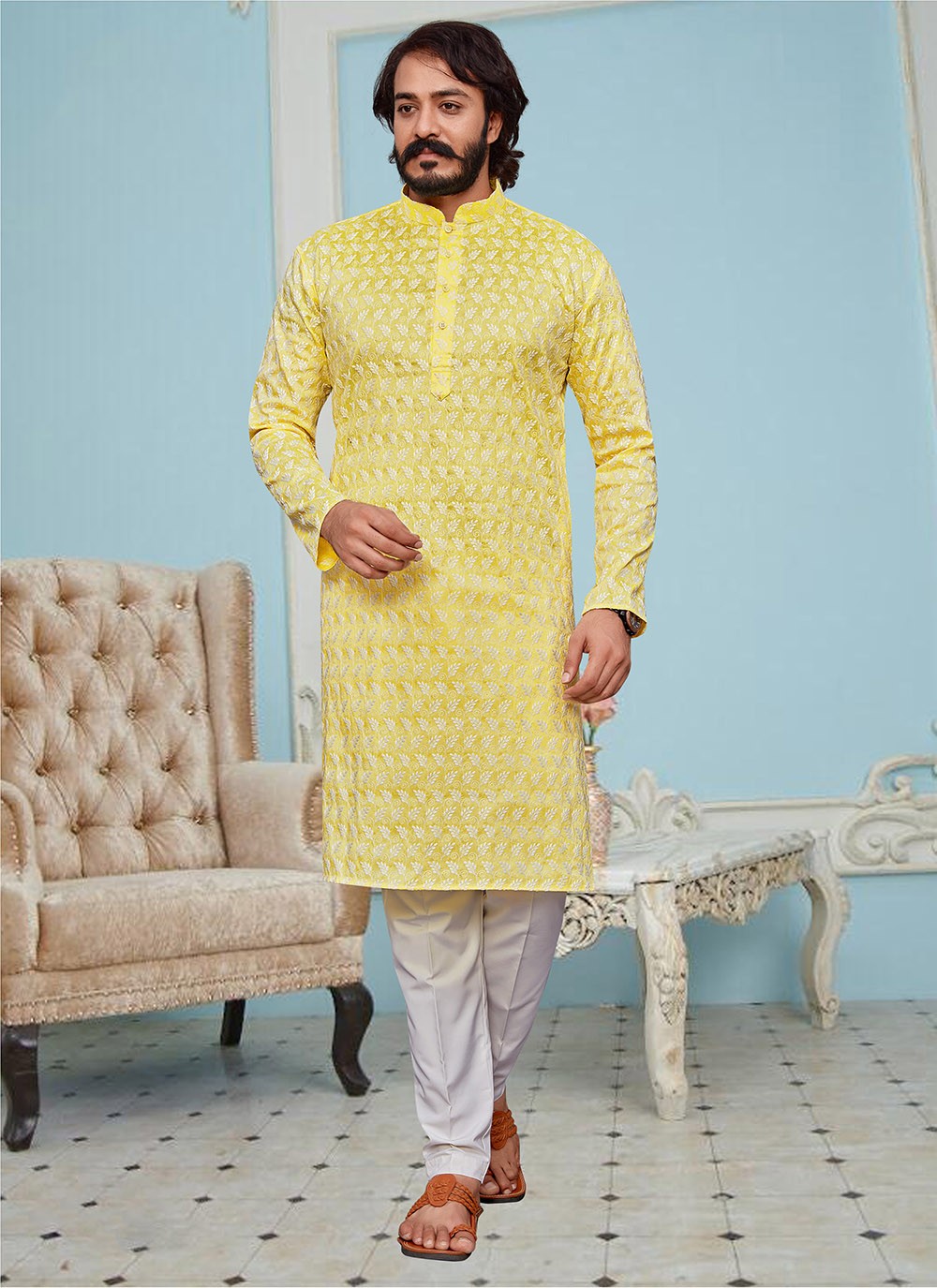 Yellow Lucknowi work Kurta Pyjama