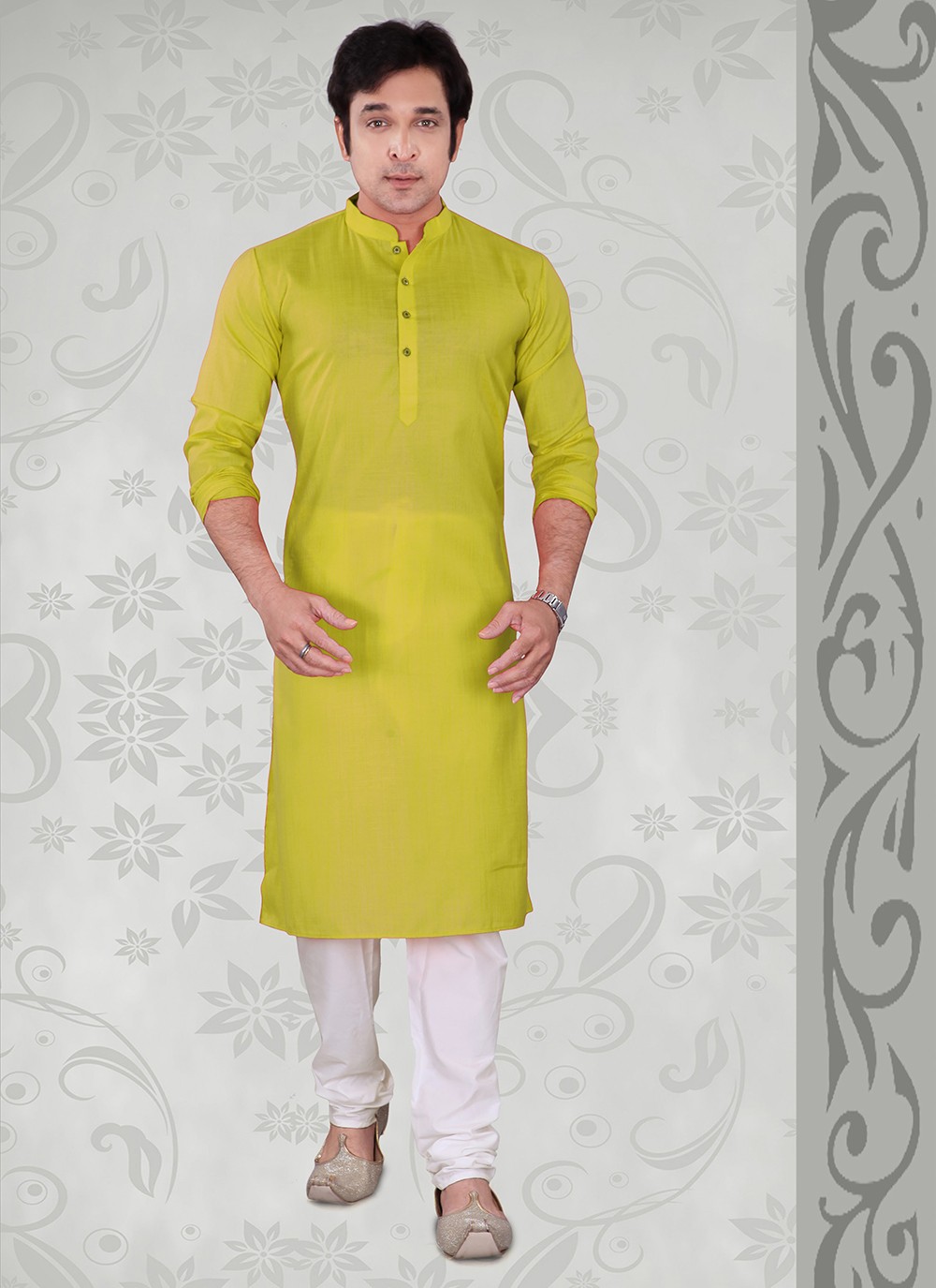 Men Mehandi Color Embroidery Polyester Long Kurta Pajama Set – Ethnic India