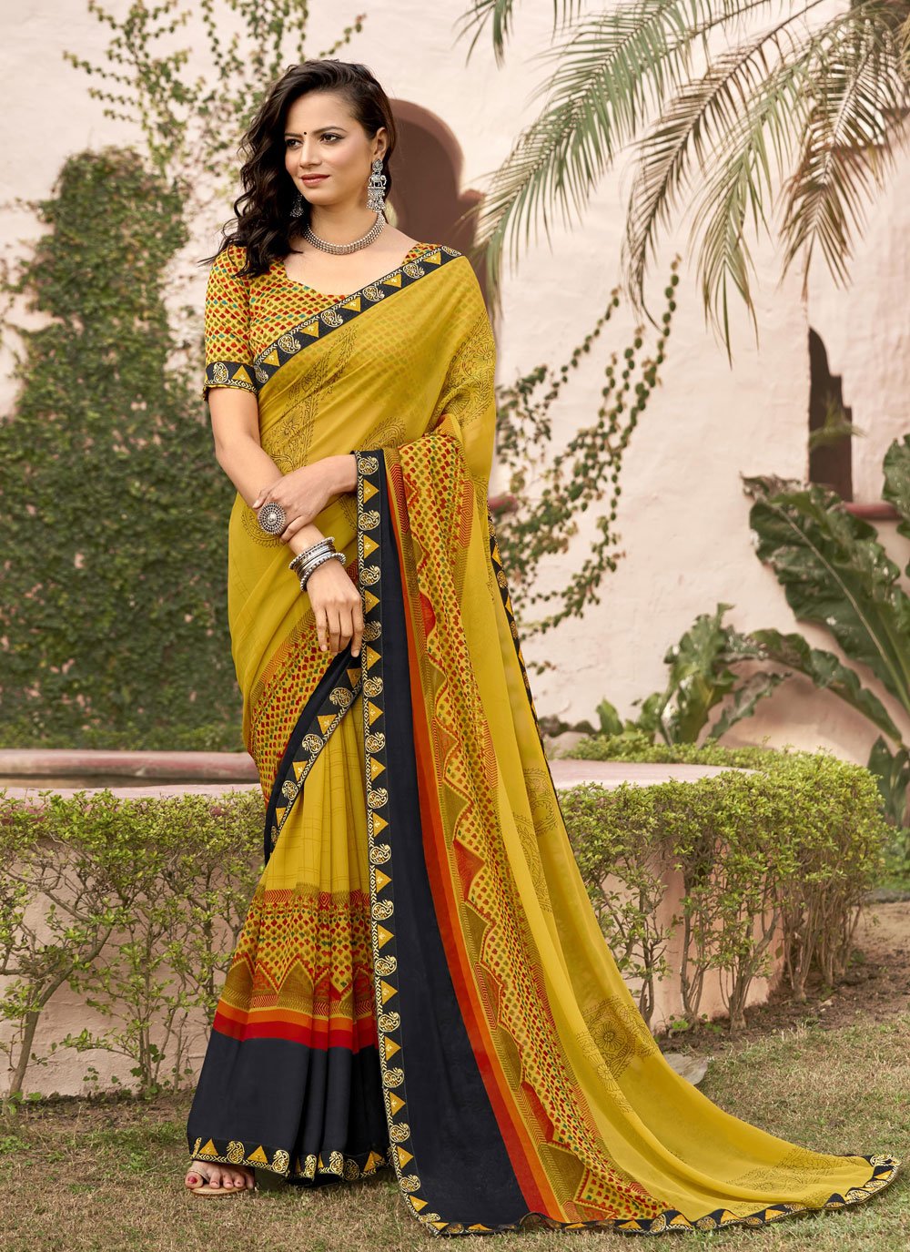 Buy kashvi sarees Floral Print Daily Wear Georgette Black, Yellow Sarees  Online @ Best Price In India | Flipkart.com