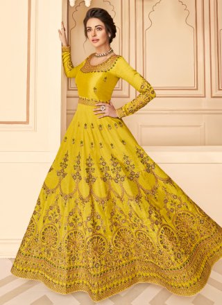 Yellow Pure Silk Designer Floor Length Salwar Suit