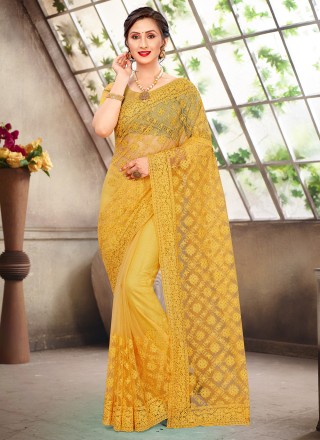 Yellow Sangeet Net Traditional Saree