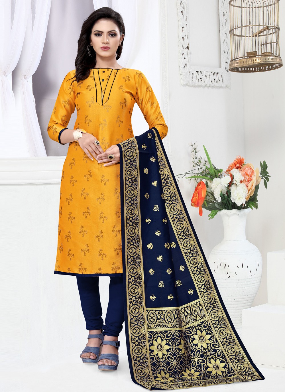 Yellow Weaving Banarasi Silk Churidar Designer Suit