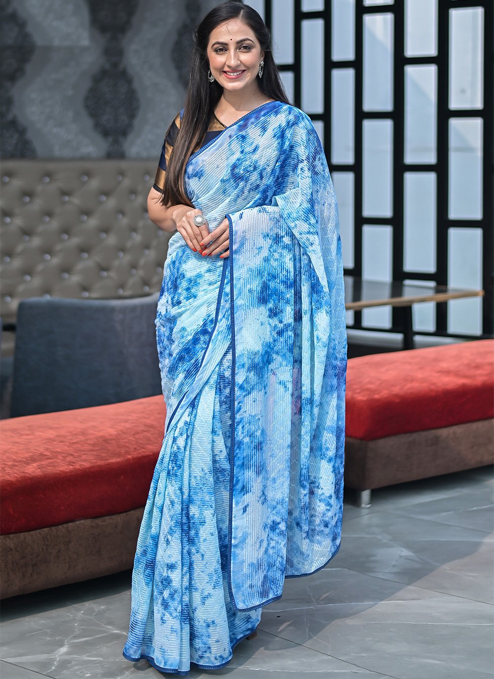 Abstract Print Faux Georgette Blue Classic Designer Saree
