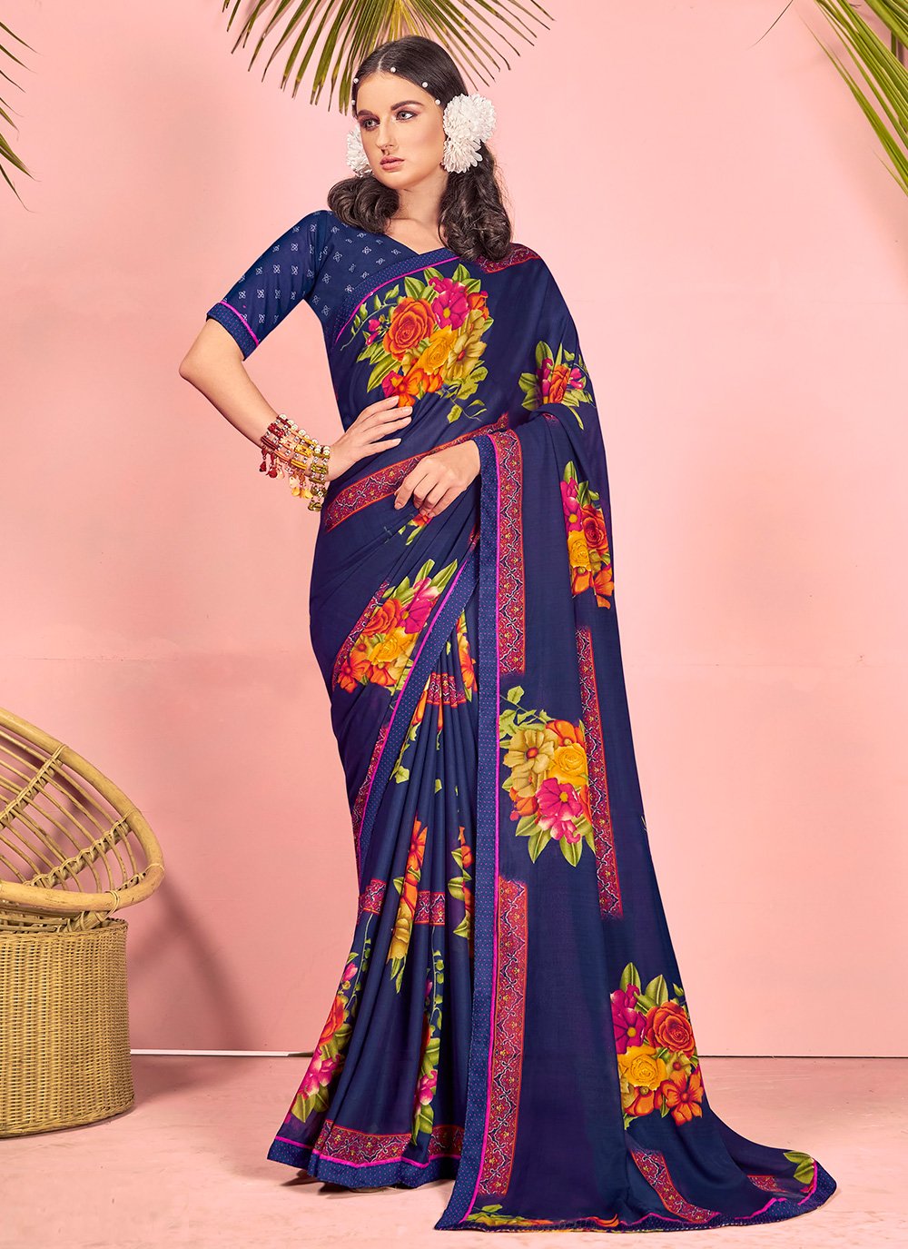 Abstract Print Faux Georgette Blue Saree
