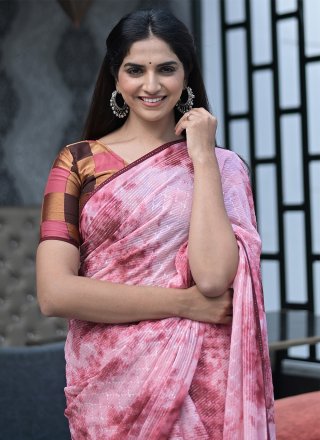 Abstract Print Faux Georgette Classic Saree in Pink