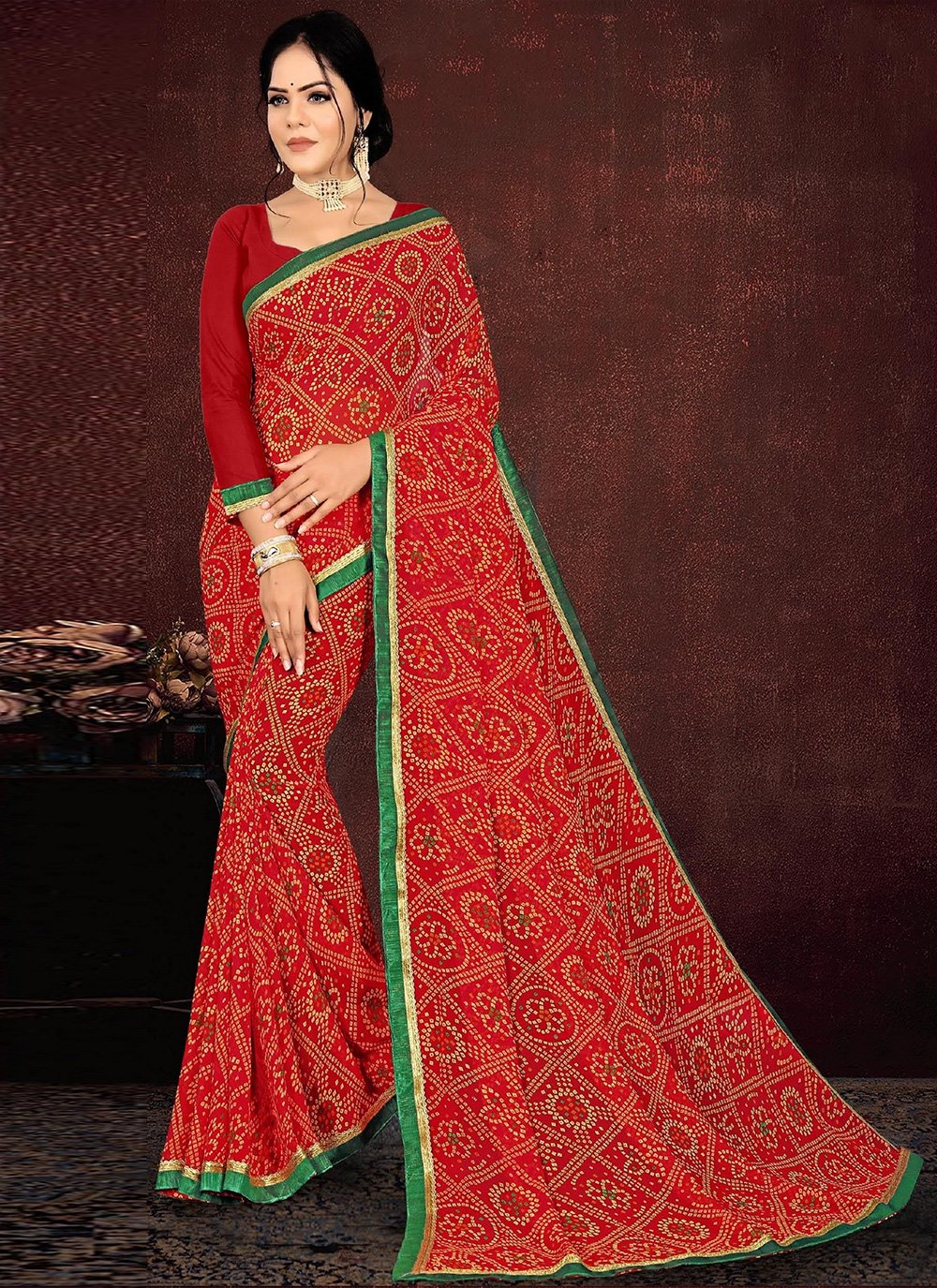 Abstract Print Faux Georgette Saree in Red