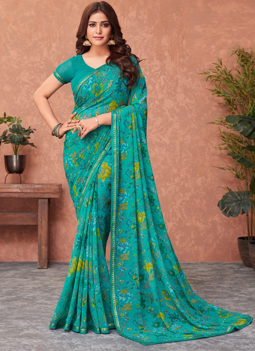 Abstract Print Faux Georgette Sea Green Saree