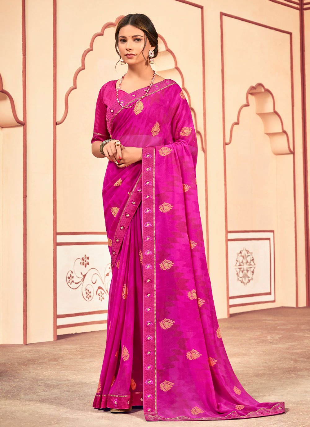 Abstract Print Georgette Magenta Traditional Saree