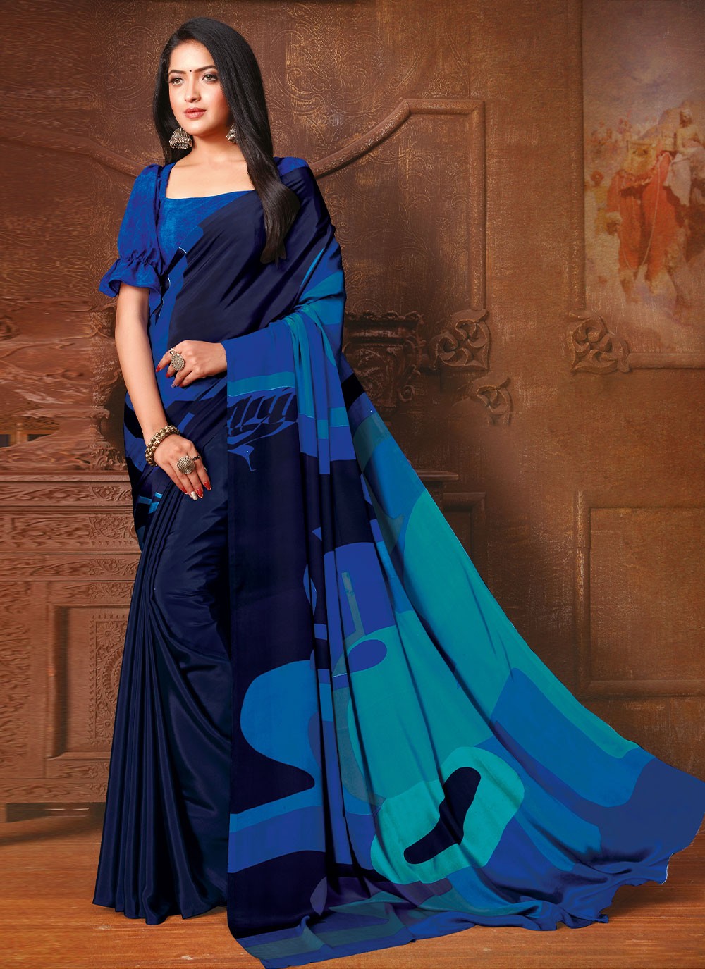 Abstract Print Navy Blue Faux Crepe Trendy Saree