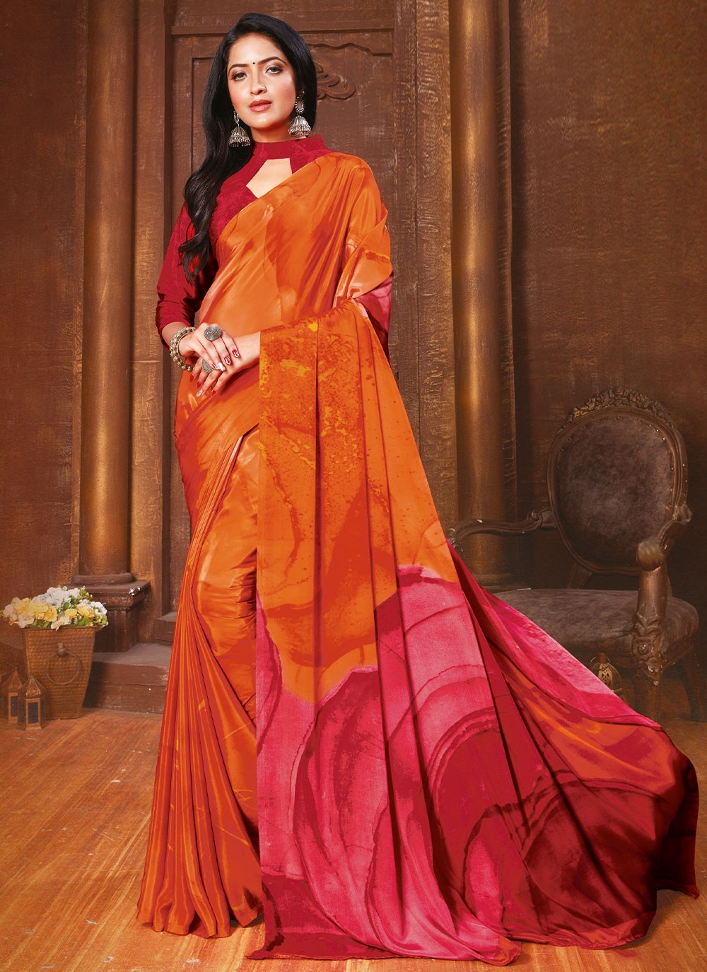 Abstract Print Orange Contemporary Style Saree