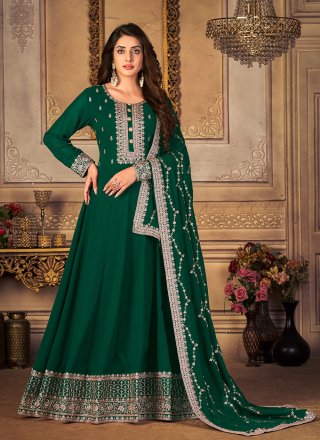 Anarkali Salwar Suit Embroidered Faux Georgette in Green