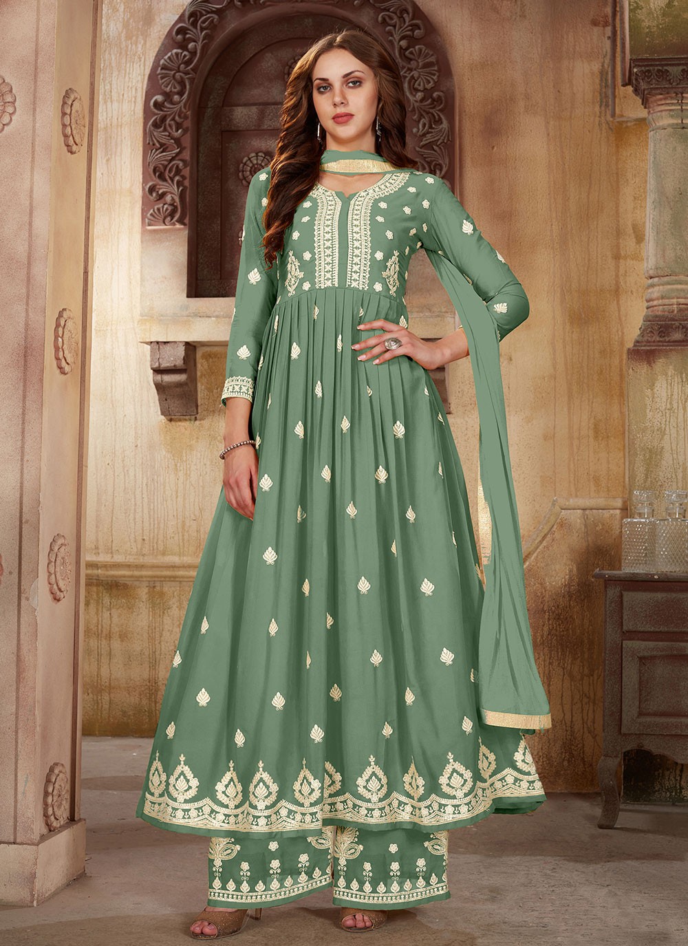 Anarkali Salwar Suit Sequins Faux Georgette in Green