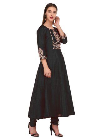 Anarkali Suit Embroidered Dupion Silk in Black